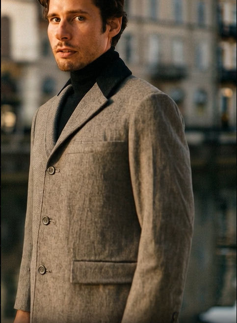 Herringbone Wool & Cashmere Chesterfield Overcoat  1920s Full Length