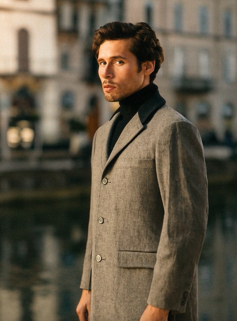 Herringbone Wool & Cashmere Chesterfield Overcoat  1920s Full Length