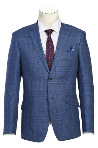 Saco vaquero - Western Sport Coat - Western Blazer- Mens Slim Fit Two Button Summer Linen Sport Coat Blazer In Navy Blue Windowpane Plaid
