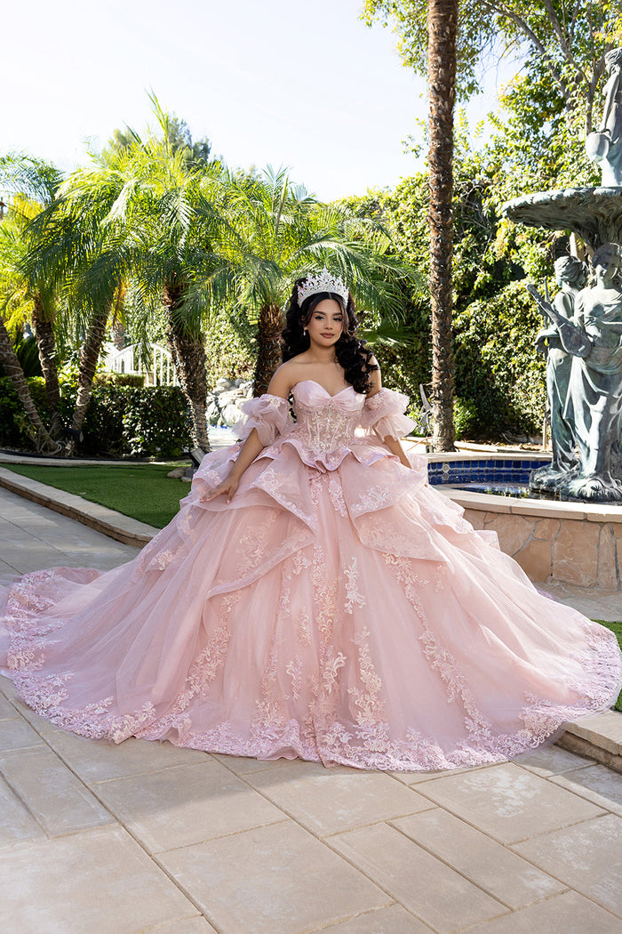 Quinceañera Ball Gown with Corset Bodice 3D Lace Appliqués & Detachable Train By Layla K LK289