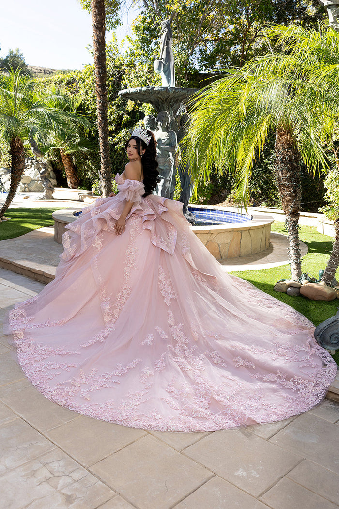 Quinceañera Ball Gown with Corset Bodice 3D Lace Appliqués & Detachable Train By Layla K LK289