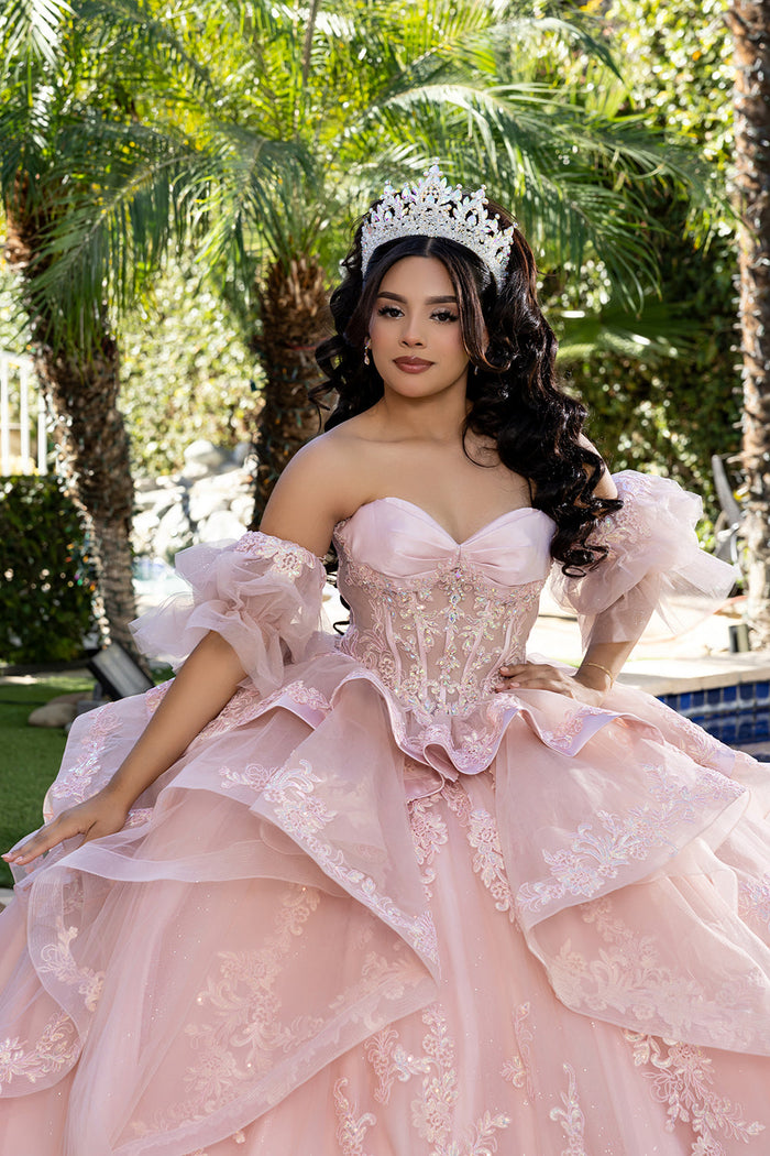 Quinceañera Ball Gown with Corset Bodice 3D Lace Appliqués & Detachable Train By Layla K LK289