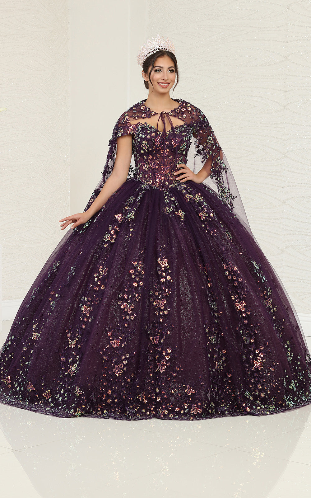 Purple and Gold Quinceanera Dress Off Shoulder Cape Ball Gown by LK252