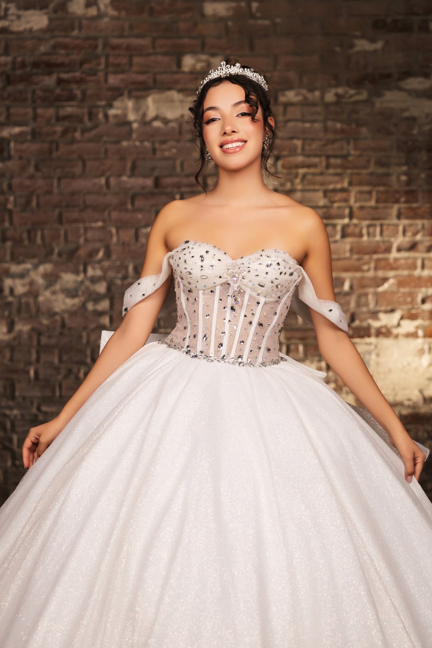 Layla K LK281 Off-White Crystal Embellished Corset Ball Gown Glitter Quinceañera Dress