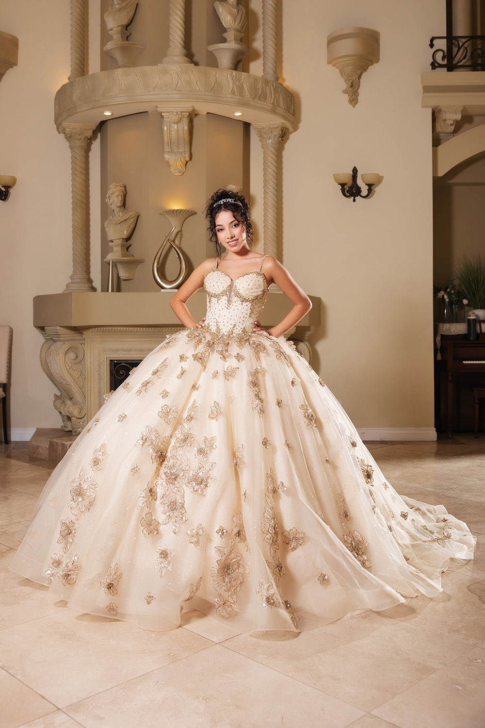 Layla K LK282 Floral Quinceañera Ball Gown with Beaded Corset Bodice