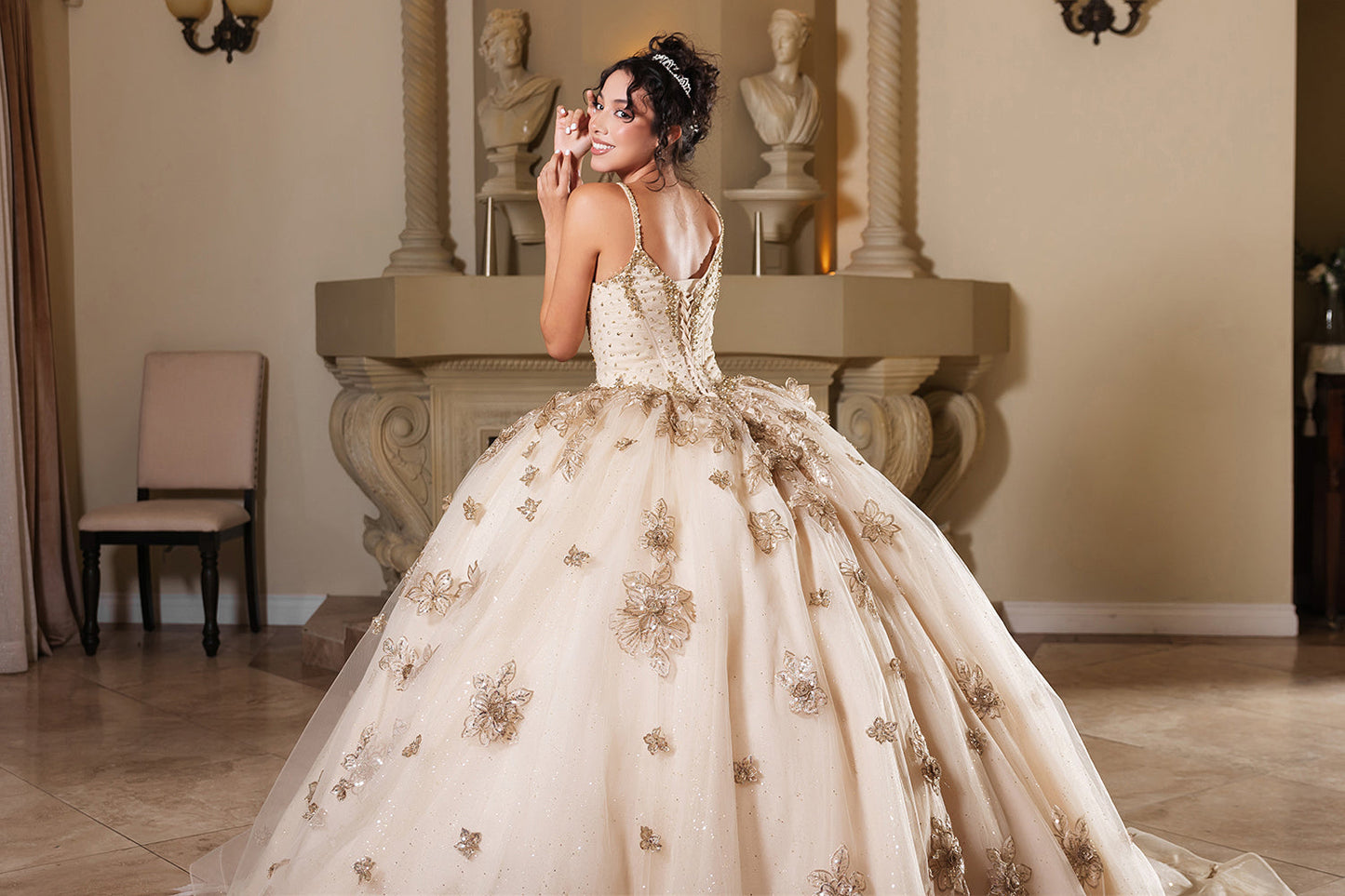 Layla K LK282 Floral Quinceañera Ball Gown with Beaded Corset Bodice