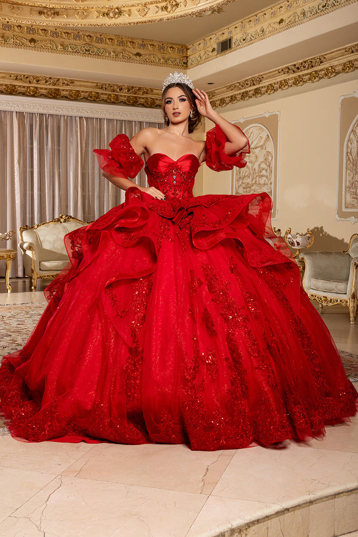 Quinceañera Ball Gown with Corset Bodice 3D Lace Appliqués & Detachable Train By Layla K LK289