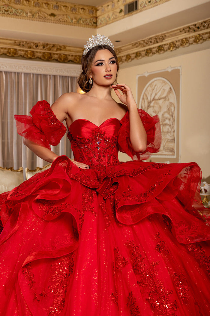Quinceañera Ball Gown with Corset Bodice 3D Lace Appliqués & Detachable Train By Layla K LK289