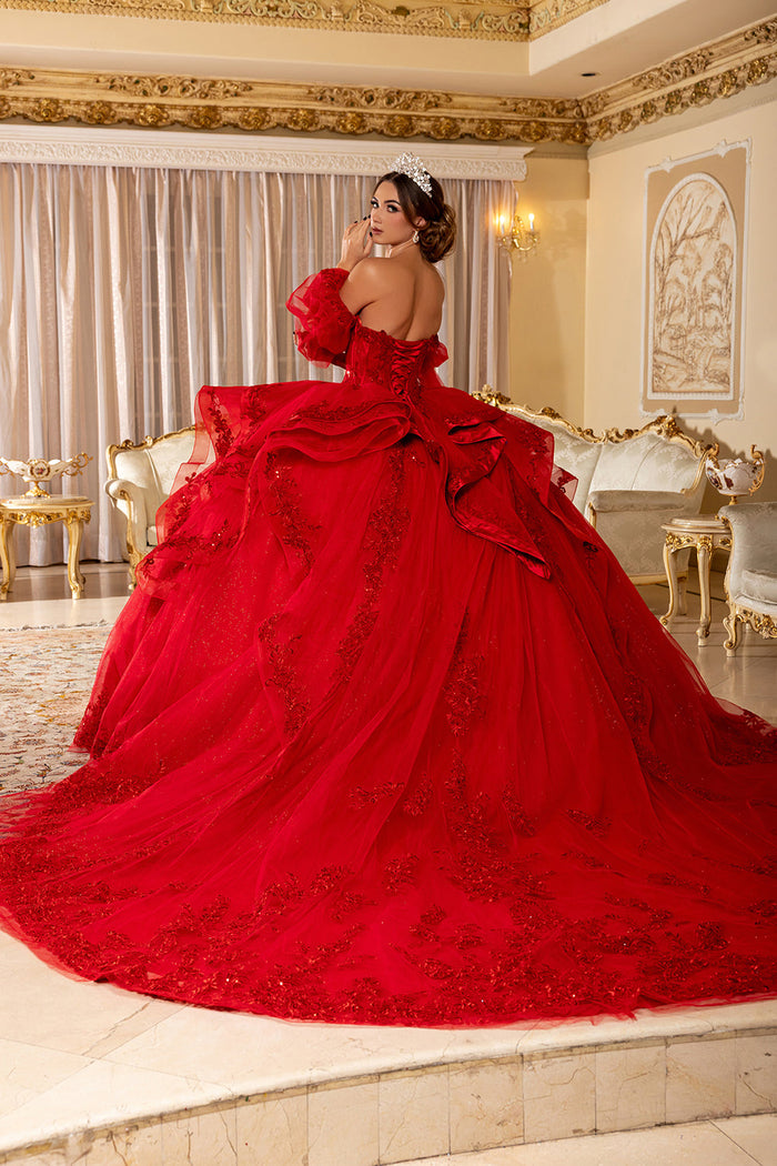 Quinceañera Ball Gown with Corset Bodice 3D Lace Appliqués & Detachable Train By Layla K LK289