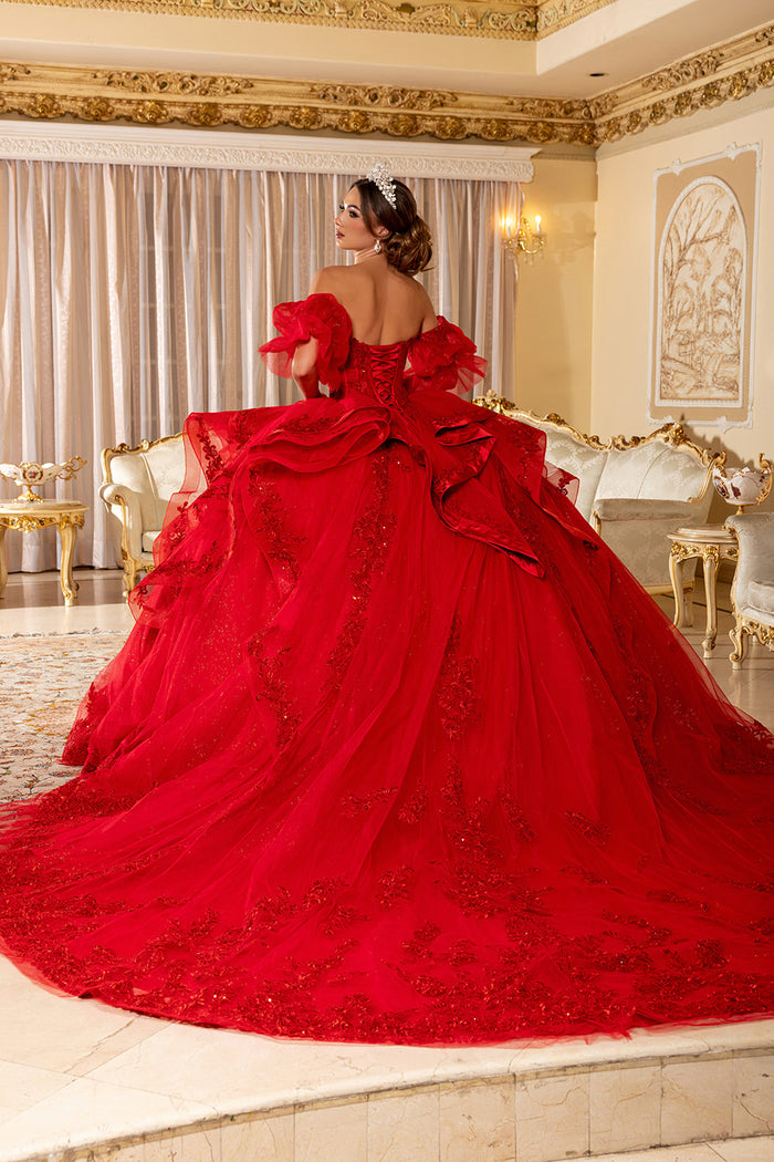 Quinceañera Ball Gown with Corset Bodice 3D Lace Appliqués & Detachable Train By Layla K LK289