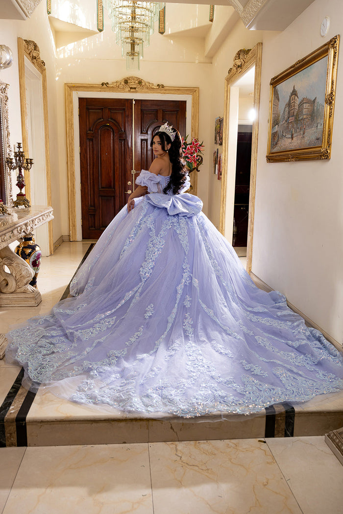 Quinceañera Ball Gown with Beaded Corset Bodice Lace Appliqués & Cathedral Train by Layla K LK290