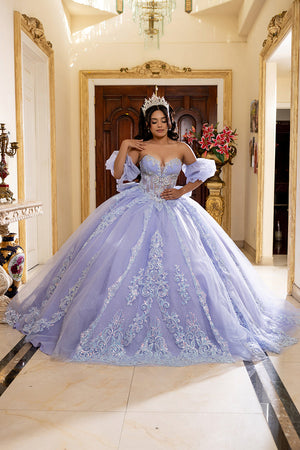 Quinceañera Ball Gown with Beaded Corset Bodice Lace Appliqués & Cathedral Train by Layla K LK290