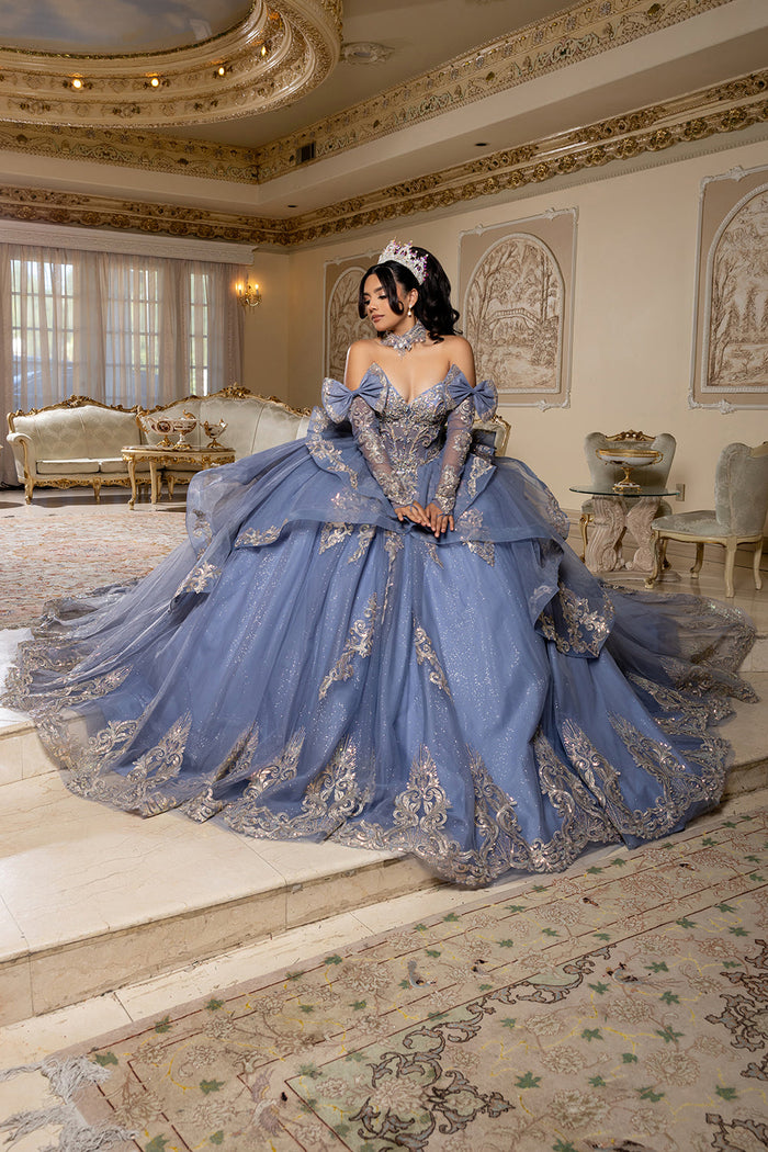 Corset Quinceañera Dress with Detachable Gloves Glitter Tulle Skirt & Embroidery By Layla K LK291