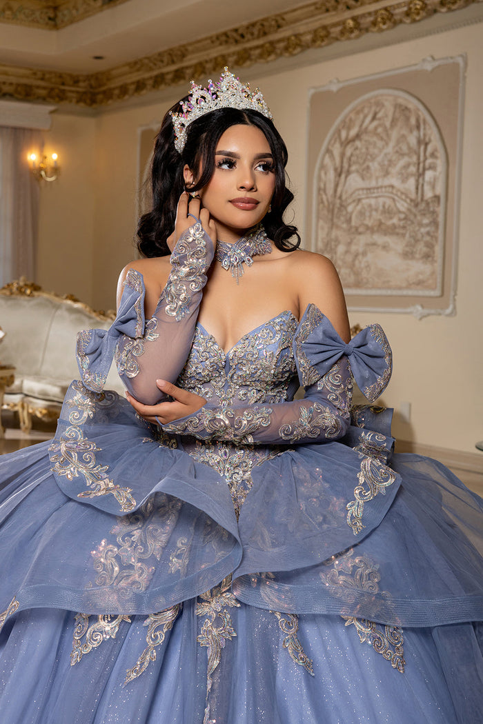 Corset Quinceañera Dress with Detachable Gloves Glitter Tulle Skirt & Embroidery By Layla K LK291