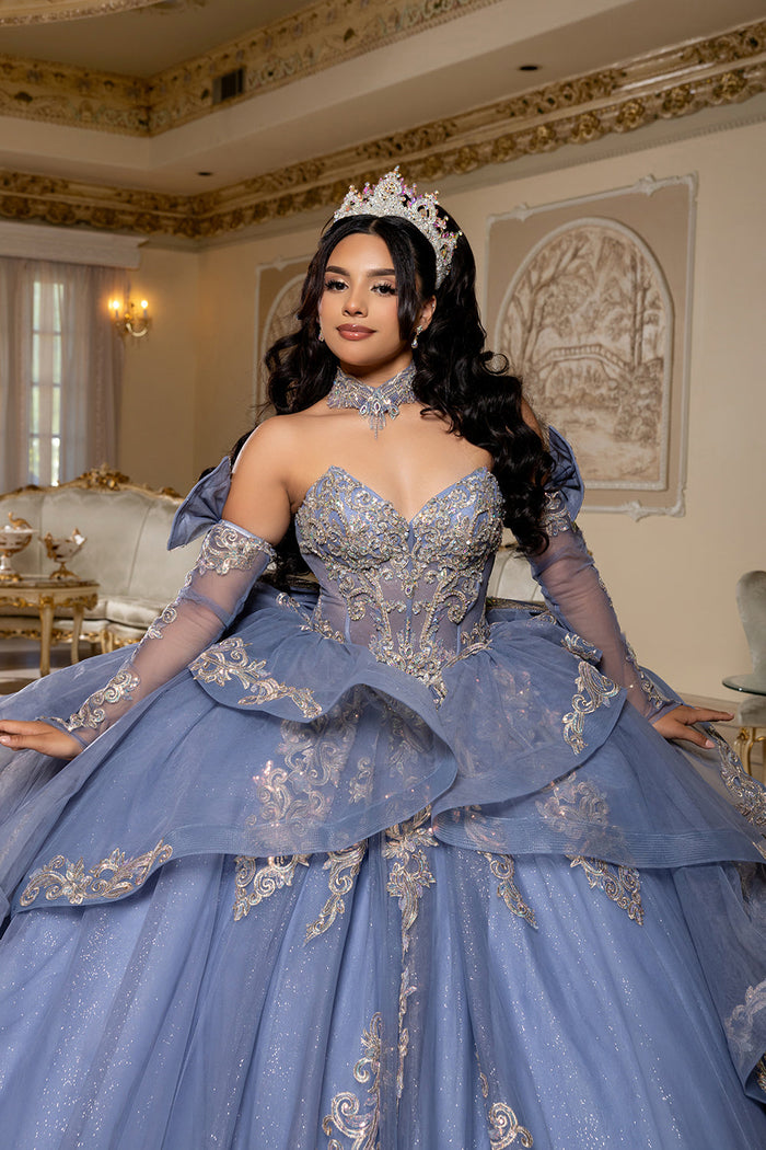Corset Quinceañera Dress with Detachable Gloves Glitter Tulle Skirt & Embroidery By Layla K LK291