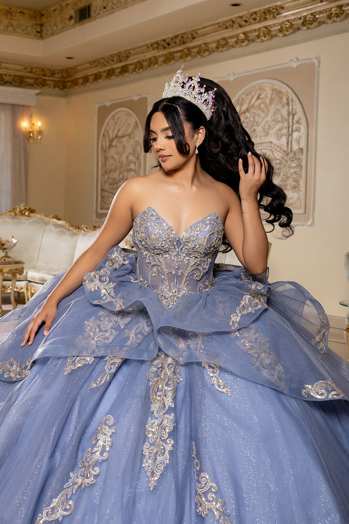 Corset Quinceañera Dress with Detachable Gloves Glitter Tulle Skirt & Embroidery By Layla K LK291