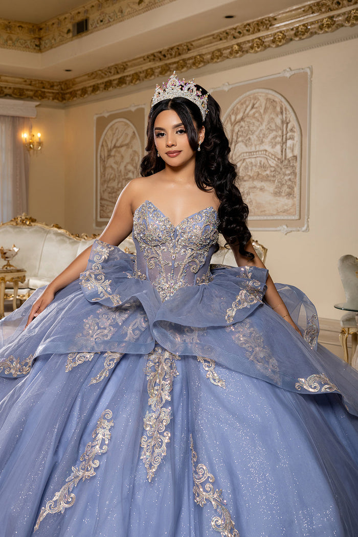 Corset Quinceañera Dress with Detachable Gloves Glitter Tulle Skirt & Embroidery By Layla K LK291