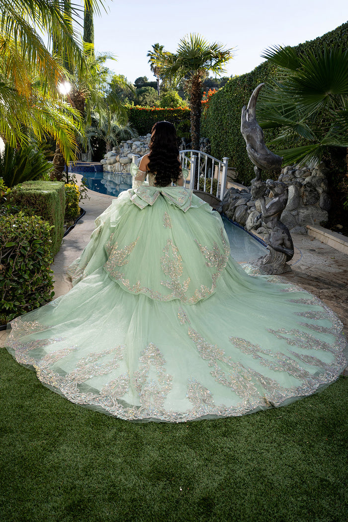 Corset Quinceañera Dress with Detachable Gloves Glitter Tulle Skirt & Embroidery By Layla K LK291