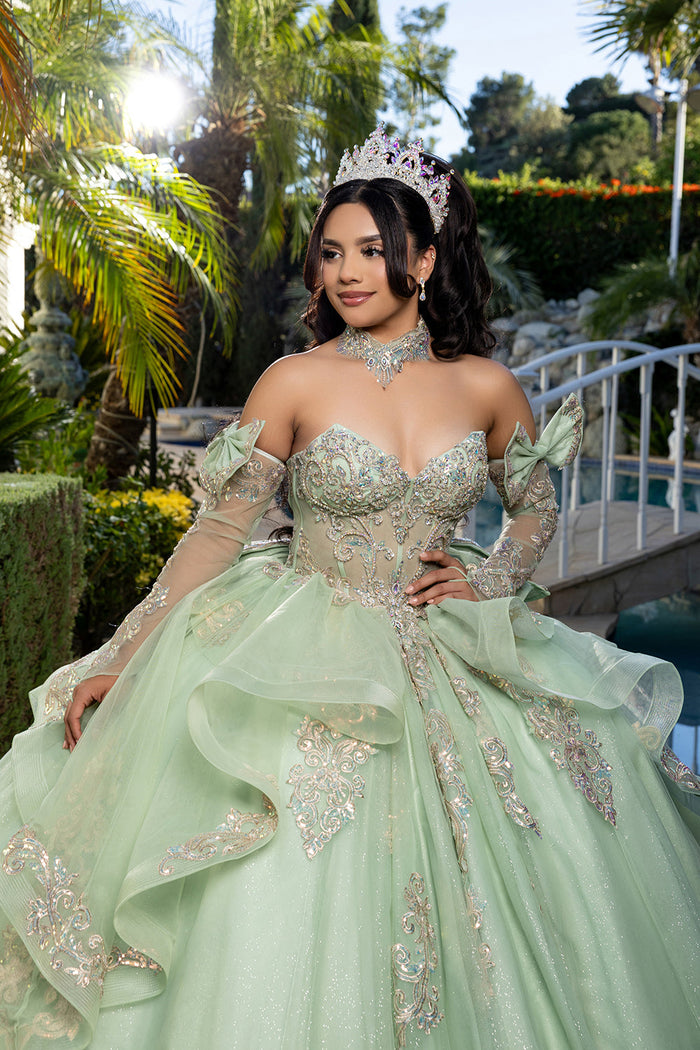 Corset Quinceañera Dress with Detachable Gloves Glitter Tulle Skirt & Embroidery By Layla K LK291