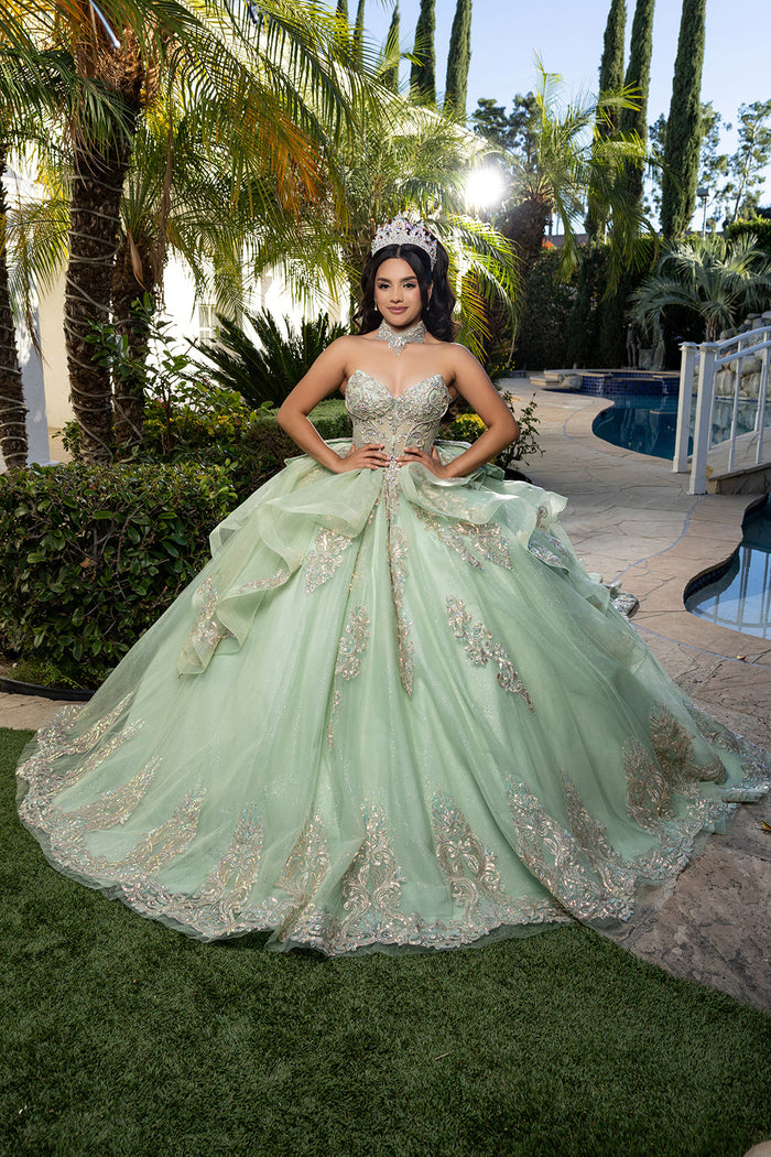Corset Quinceañera Dress with Detachable Gloves Glitter Tulle Skirt & Embroidery By Layla K LK291