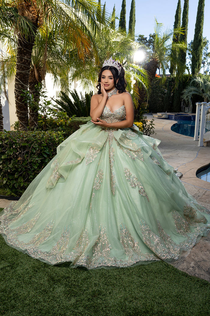 Corset Quinceañera Dress with Detachable Gloves Glitter Tulle Skirt & Embroidery By Layla K LK291