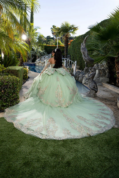 Corset Quinceañera Dress with Detachable Gloves Glitter Tulle Skirt & Embroidery By Layla K LK291