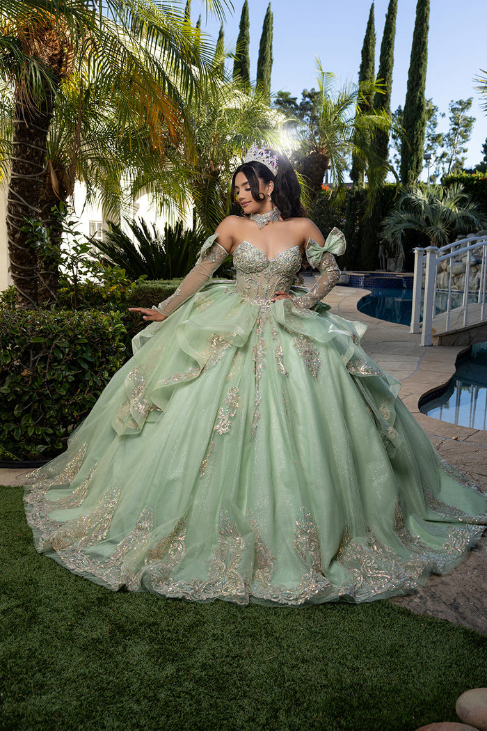 Corset Quinceañera Dress with Detachable Gloves Glitter Tulle Skirt & Embroidery By Layla K LK291