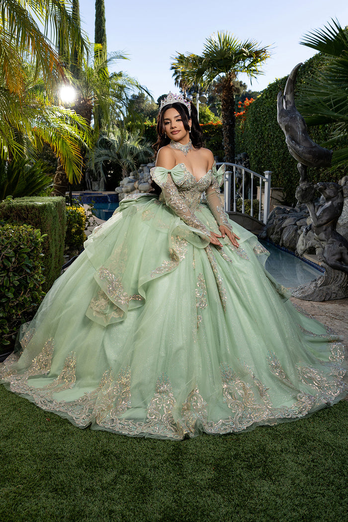 Corset Quinceañera Dress with Detachable Gloves Glitter Tulle Skirt & Embroidery By Layla K LK291
