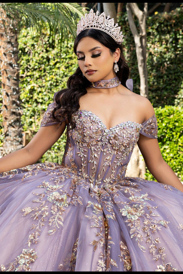 Quinceañera Ball Gown Off Shoulder Glitter Tulle Dress with 3D Floral Appliqués Long Train by Layla K LK292