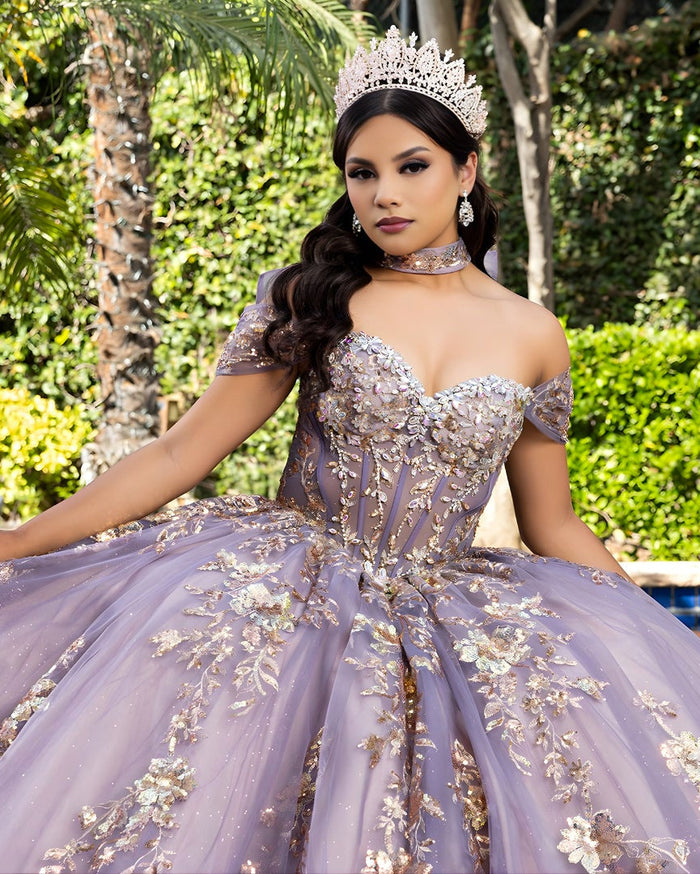 Quinceañera Ball Gown Off Shoulder Glitter Tulle Dress with 3D Floral Appliqués Long Train by Layla K LK292