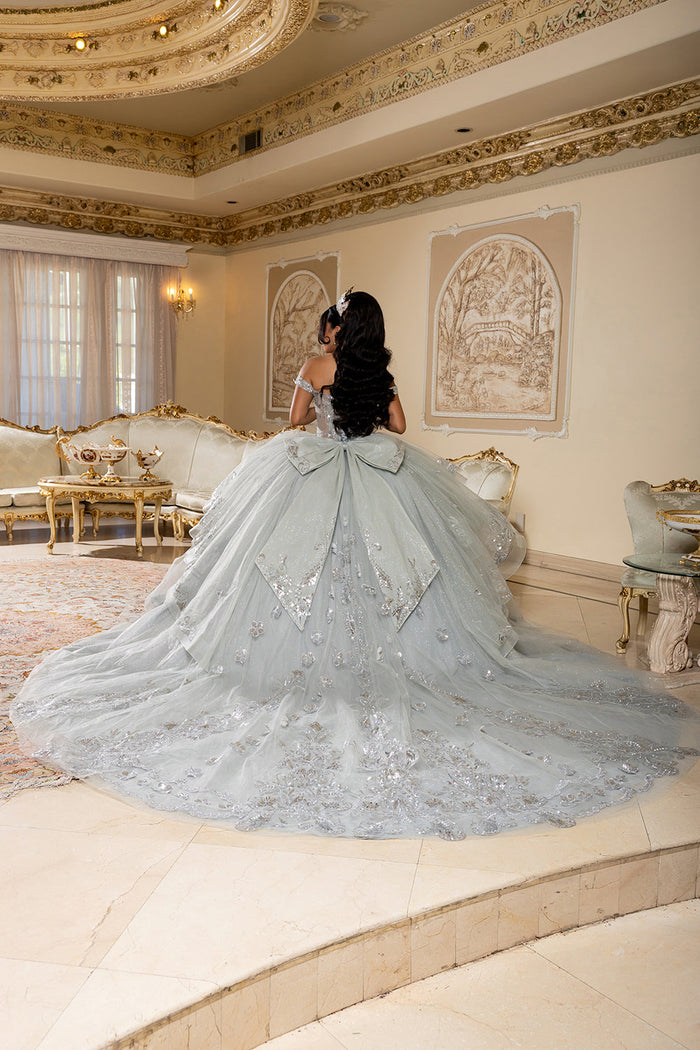 Off-Shoulder Quinceañera Ball Gown with Beaded Corset Long Train & Back Bow By Layla K LK293