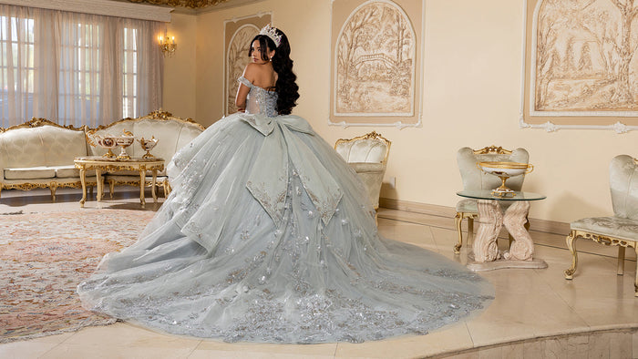 Off-Shoulder Quinceañera Ball Gown with Beaded Corset Long Train & Back Bow By Layla K LK293