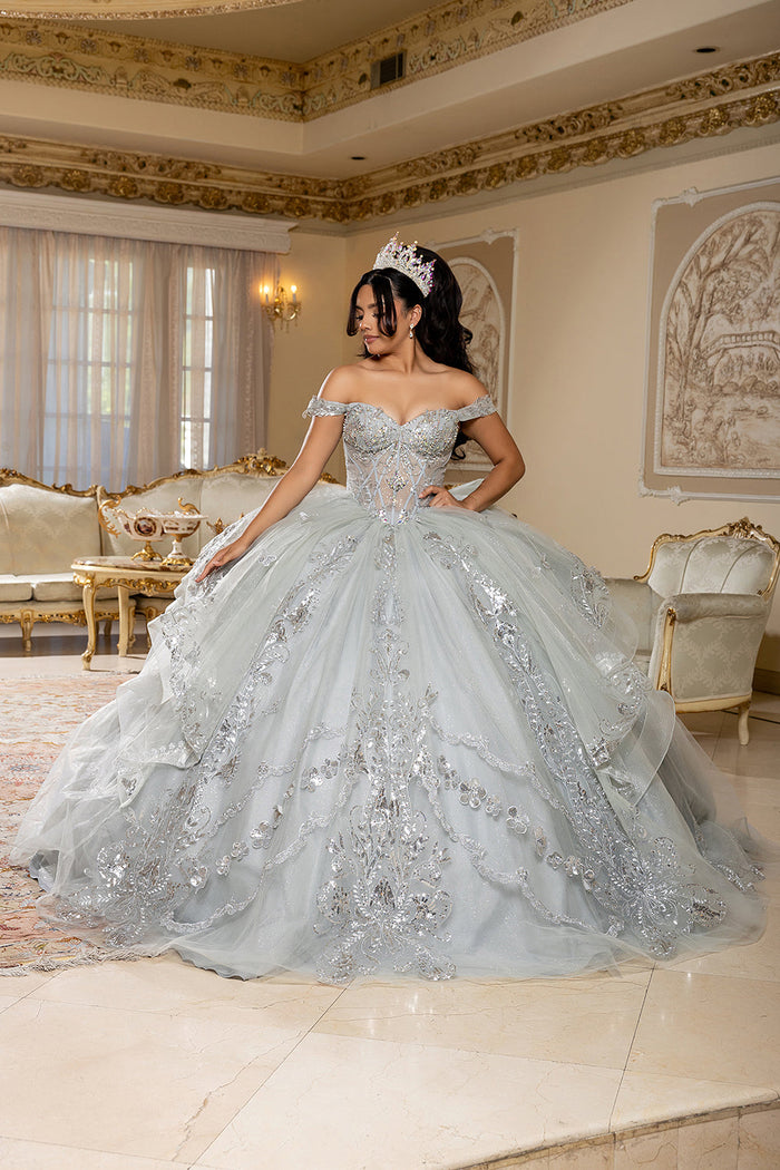 Off-Shoulder Quinceañera Ball Gown with Beaded Corset Long Train & Back Bow By Layla K LK293