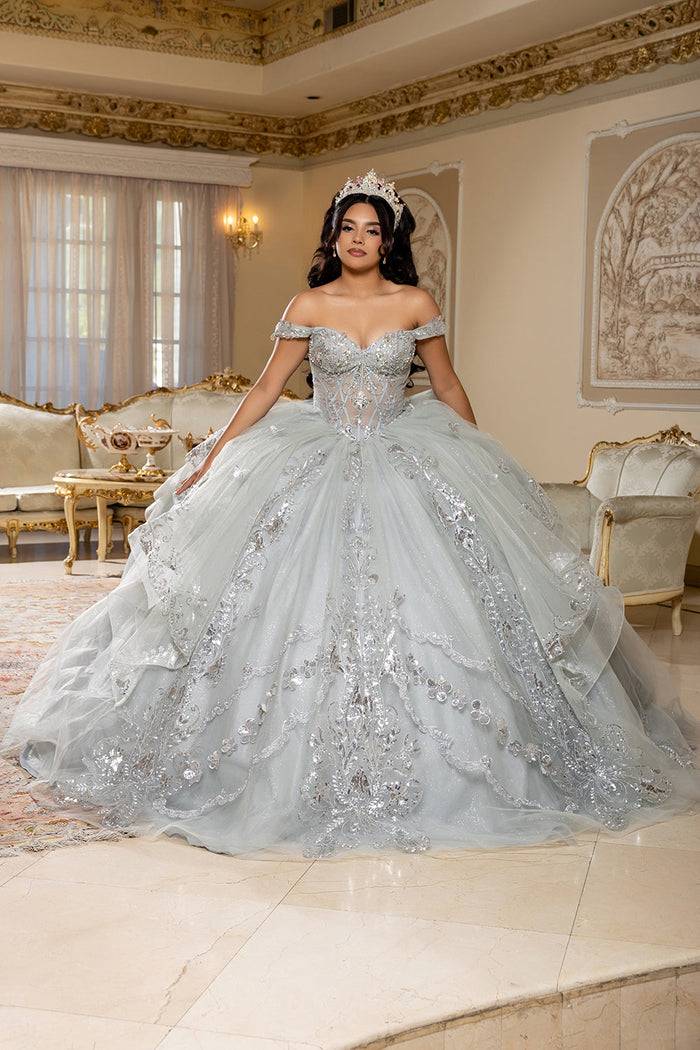 Off-Shoulder Quinceañera Ball Gown with Beaded Corset Long Train & Back Bow By Layla K LK293