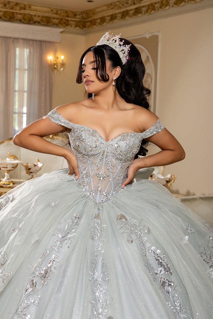 Off-Shoulder Quinceañera Ball Gown with Beaded Corset Long Train & Back Bow By Layla K LK293