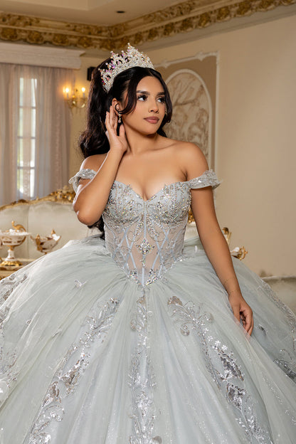 Off-Shoulder Quinceañera Ball Gown with Beaded Corset Long Train & Back Bow By Layla K LK293