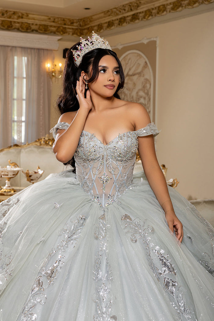 Off-Shoulder Quinceañera Ball Gown with Beaded Corset Long Train & Back Bow By Layla K LK293