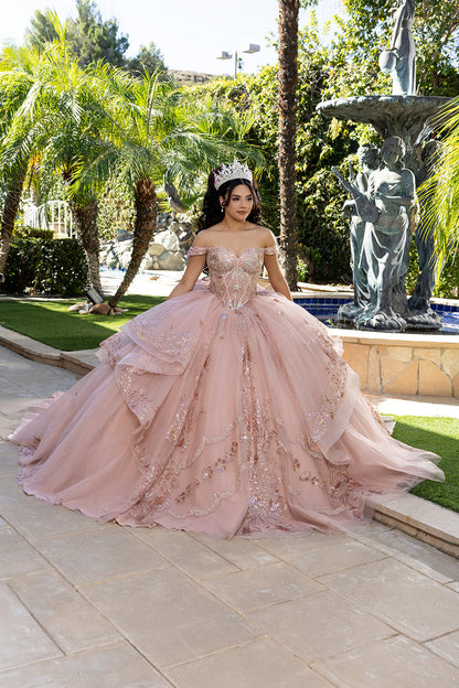 Off-Shoulder Quinceañera Ball Gown with Beaded Corset Long Train & Back Bow By Layla K LK293