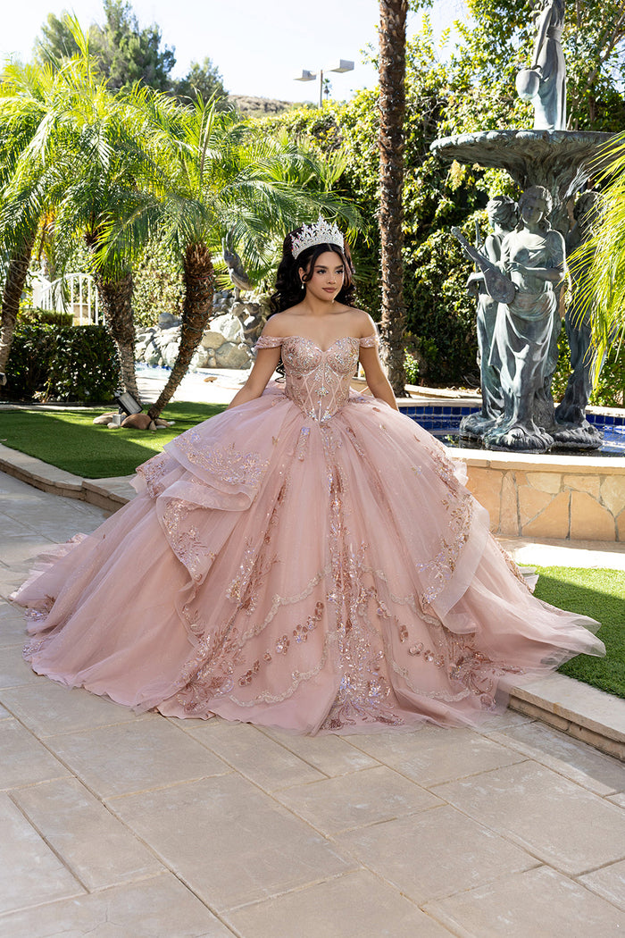 Off-Shoulder Quinceañera Ball Gown with Beaded Corset Long Train & Back Bow By Layla K LK293