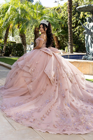 Off-Shoulder Quinceañera Ball Gown with Beaded Corset Long Train & Back Bow By Layla K LK293