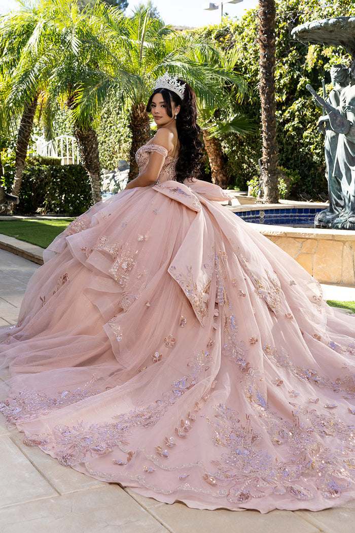 Off-Shoulder Quinceañera Ball Gown with Beaded Corset Long Train & Back Bow By Layla K LK293