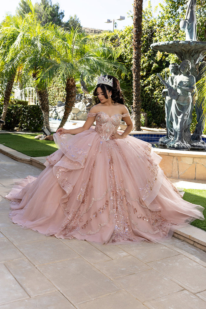 Off-Shoulder Quinceañera Ball Gown with Beaded Corset Long Train & Back Bow By Layla K LK293