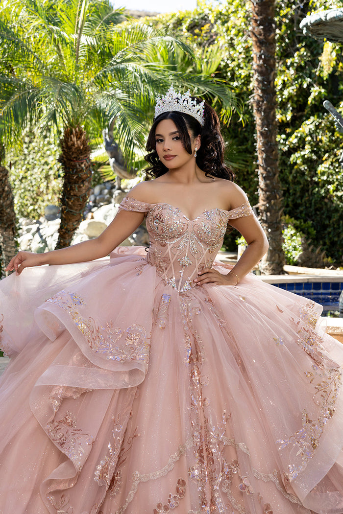 Off-Shoulder Quinceañera Ball Gown with Beaded Corset Long Train & Back Bow By Layla K LK293