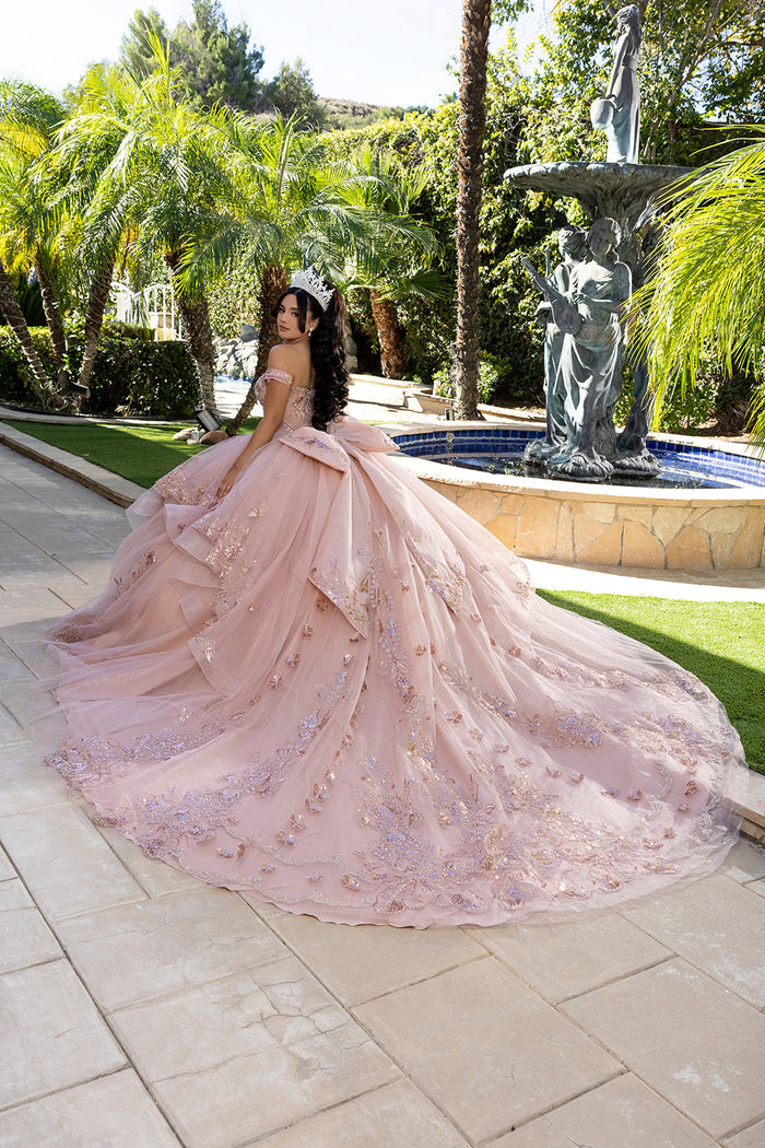 Off-Shoulder Quinceañera Ball Gown with Beaded Corset Long Train & Back Bow By Layla K LK293