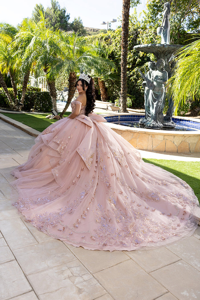 Off-Shoulder Quinceañera Ball Gown with Beaded Corset Long Train & Back Bow By Layla K LK293