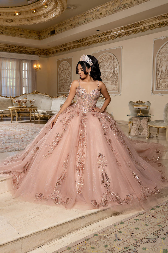 Quinceañera Ball Gown with Beaded Corset Bodice Glitter Tulle Skirt & Crystal Tiara By Layla K LK294