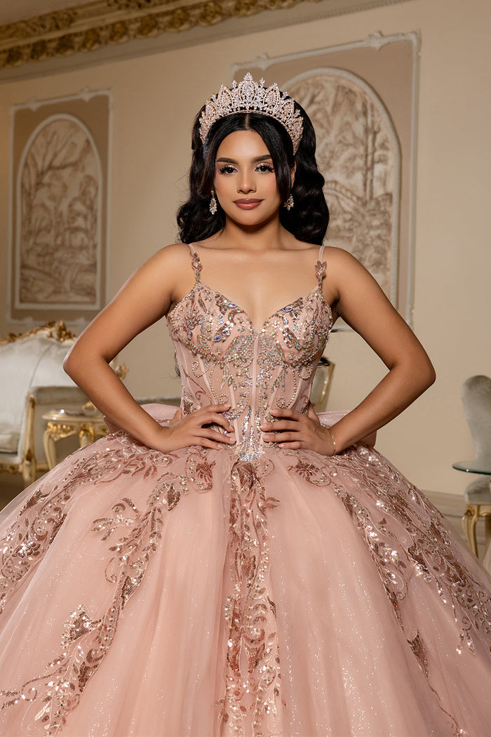 Quinceañera Ball Gown with Beaded Corset Bodice Glitter Tulle Skirt & Crystal Tiara By Layla K LK294