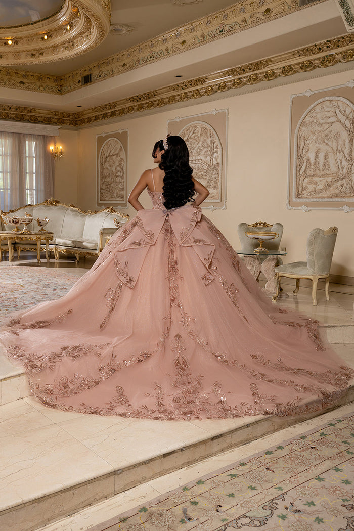 Quinceañera Ball Gown with Beaded Corset Bodice Glitter Tulle Skirt & Crystal Tiara By Layla K LK294