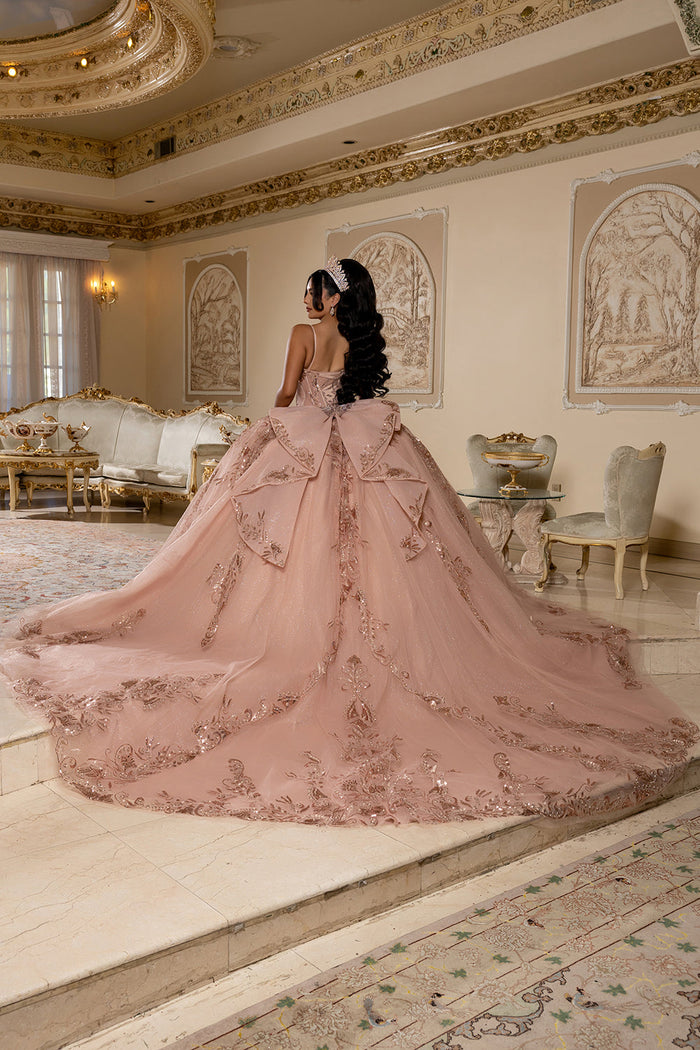 Quinceañera Ball Gown with Beaded Corset Bodice Glitter Tulle Skirt & Crystal Tiara By Layla K LK294