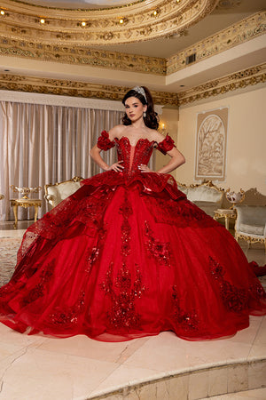 Off-Shoulder Ball Gown Sweetheart Corset Quinceañera Dress with Layered Ruffles by Layla K LK295